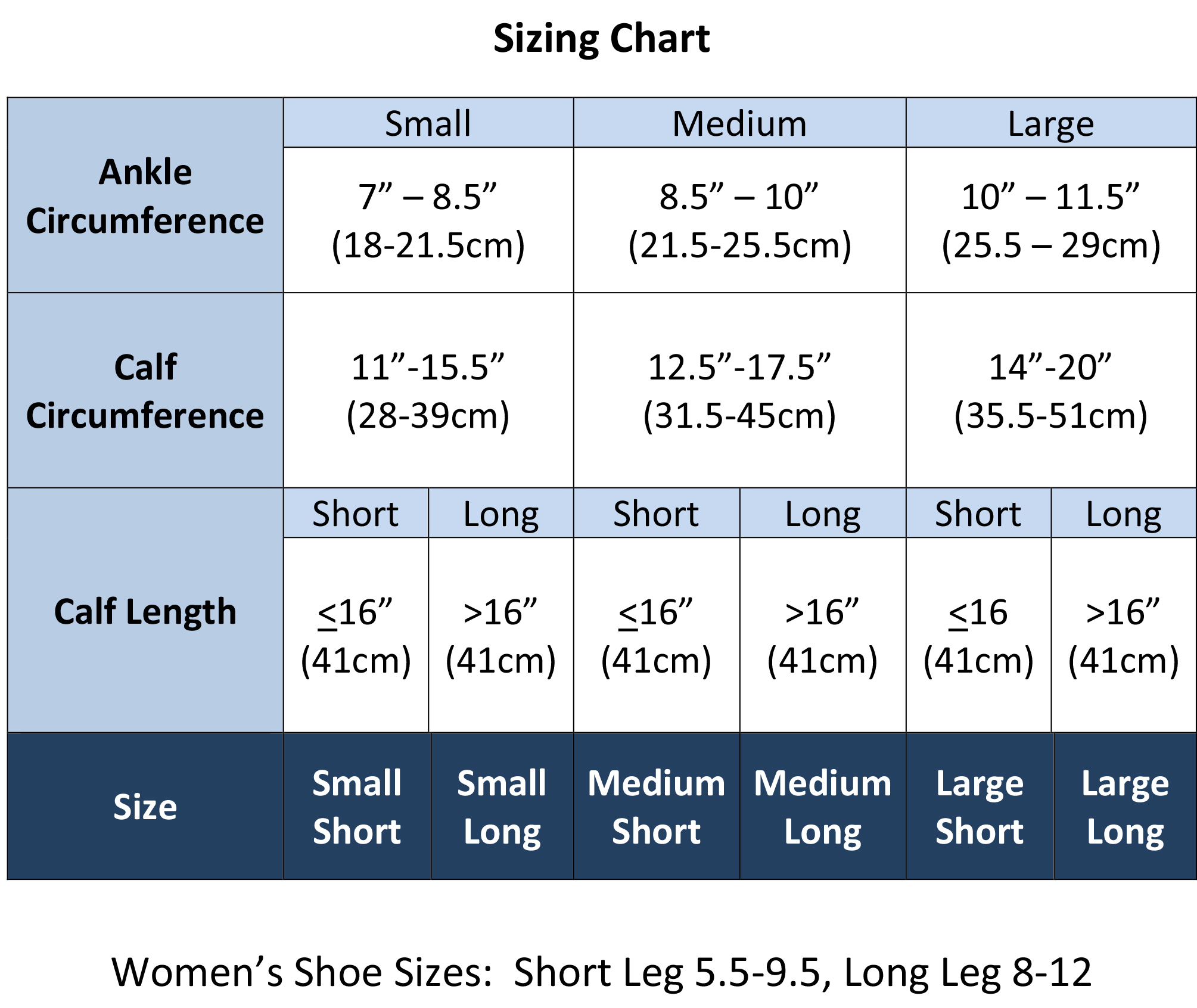 Size Chart For Women's Compression Socks